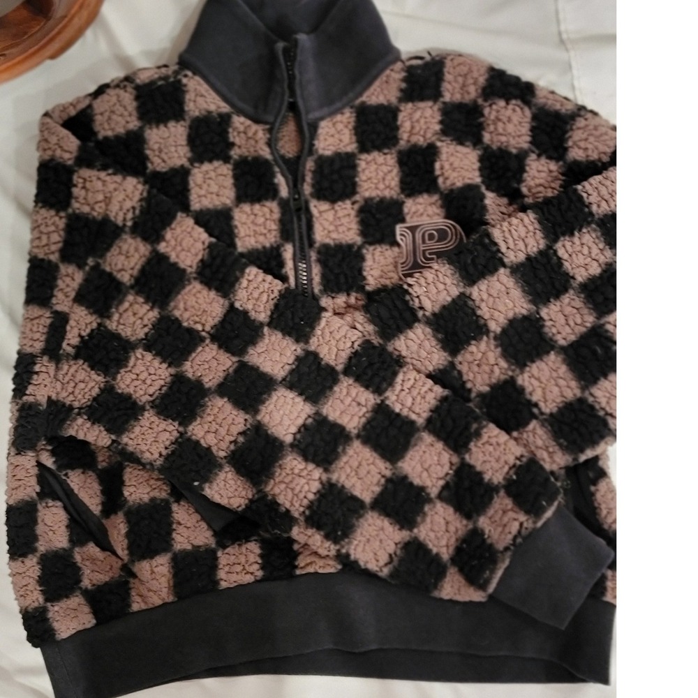 Pink Victoria's Secret Checkerboard Sherpa Fleece Quarter Zip Pullover Brown XS - Picture 5 of 7